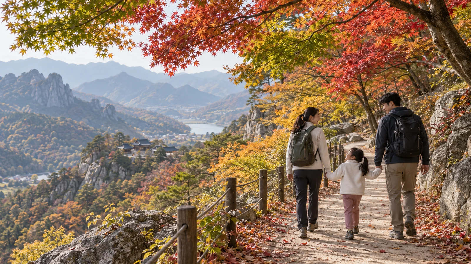 단풍이 든 산길을 걷는 가족의 뒷모습