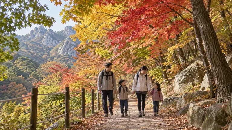 붉고 노란 단풍이 든 산책로를 걷는 가족