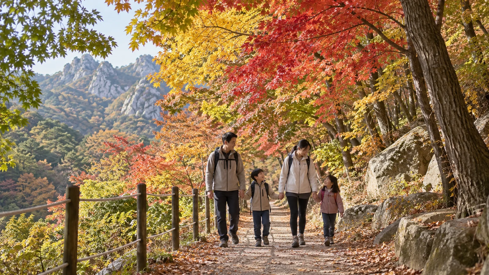 붉고 노란 단풍이 든 산책로를 걷는 가족