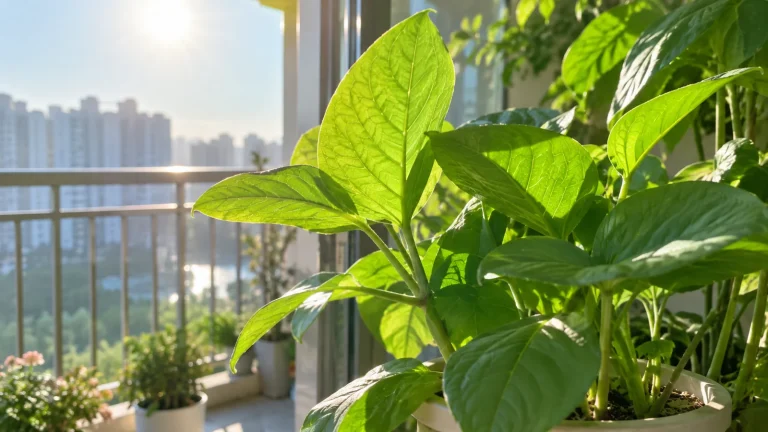 아파트 베란다 화분 식물의 잎에 비치는 햇빛