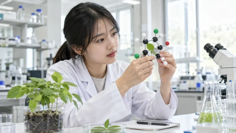 실험실에서 분자 모형을 살펴보는 연구자