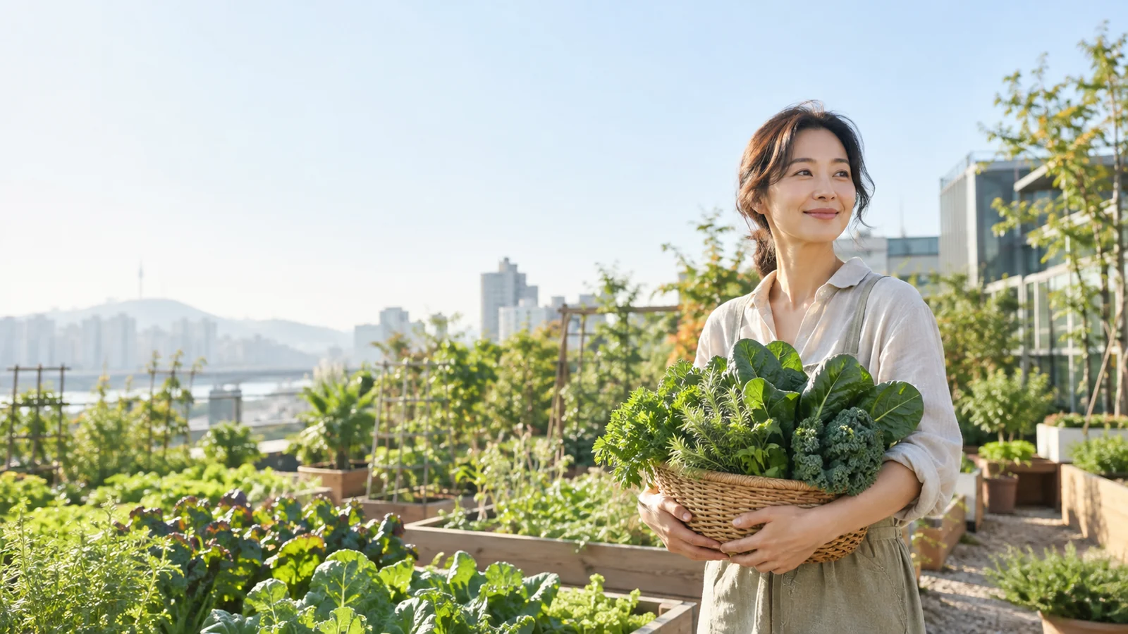 옥상 텃밭에서 녹색 잎채소 바구니를 든 여성